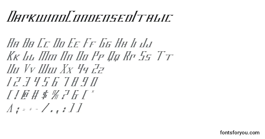 A fonte DarkwindCondensedItalic – alfabeto, números, caracteres especiais