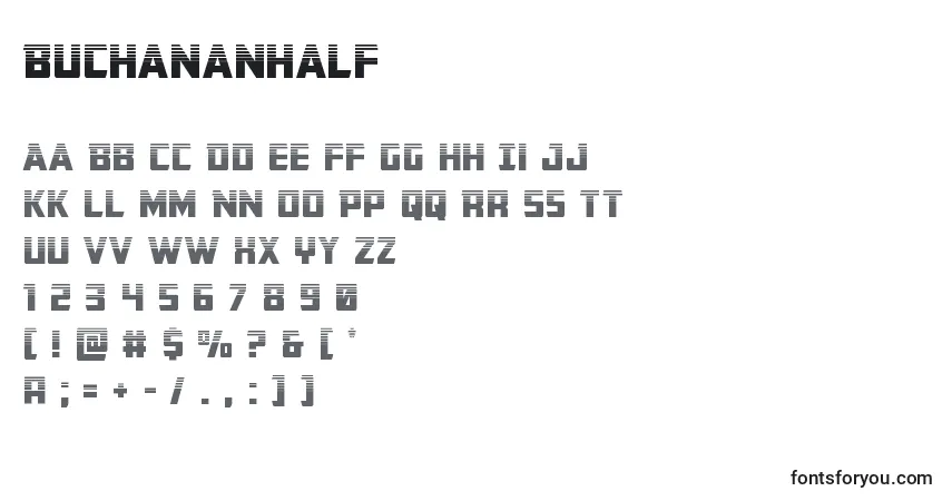 A fonte Buchananhalf – alfabeto, números, caracteres especiais
