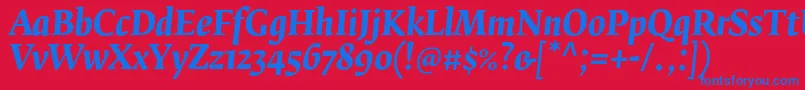 FedraserifbproBolditalic-Schriftart – Blaue Schriften auf rotem Hintergrund