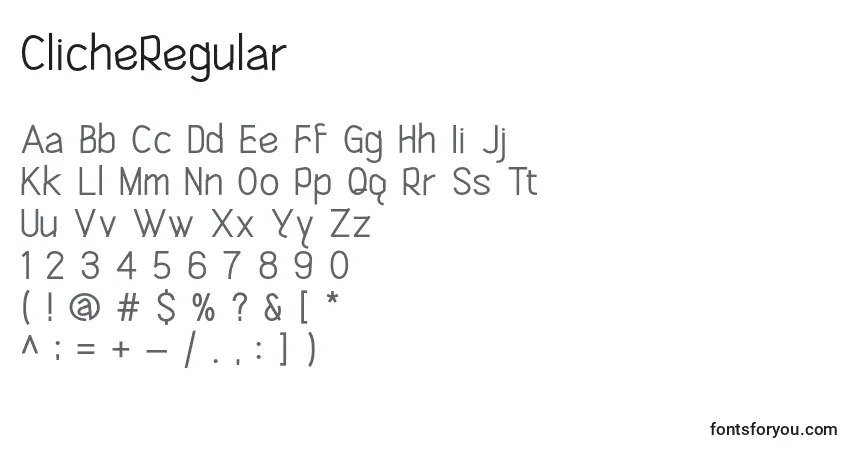 Czcionka ClicheRegular – alfabet, cyfry, specjalne znaki