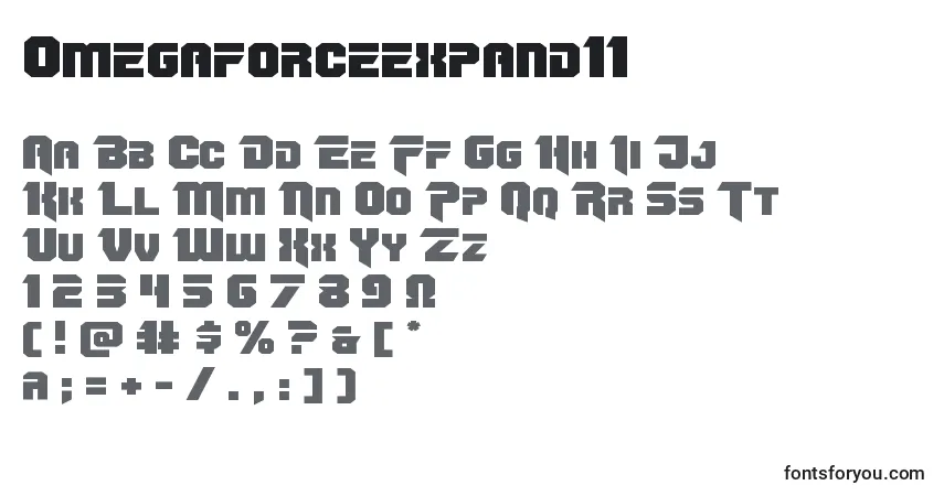 A fonte Omegaforceexpand11 – alfabeto, números, caracteres especiais