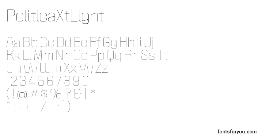 Czcionka PoliticaXtLight – alfabet, cyfry, specjalne znaki
