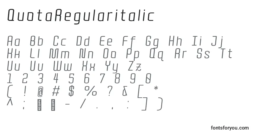 Schriftart QuotaRegularitalic – Alphabet, Zahlen, spezielle Symbole