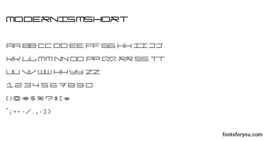 Czcionka ModernismShort – alfabet, cyfry, specjalne znaki