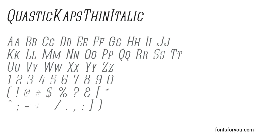 Czcionka QuasticKapsThinItalic – alfabet, cyfry, specjalne znaki