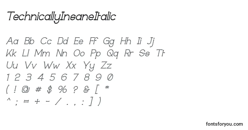 Czcionka TechnicallyInsaneItalic – alfabet, cyfry, specjalne znaki