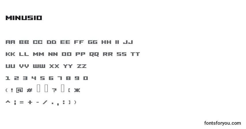 Czcionka Minusio – alfabet, cyfry, specjalne znaki