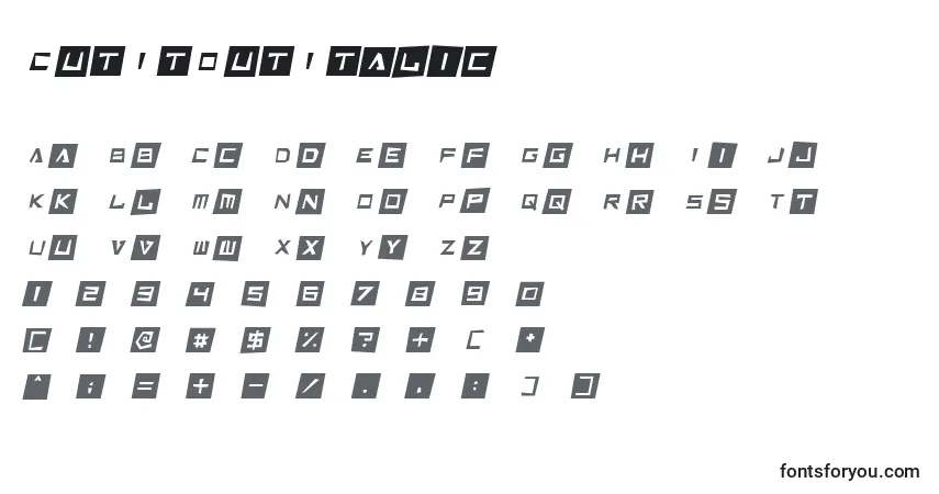 A fonte CutItOutItalic – alfabeto, números, caracteres especiais