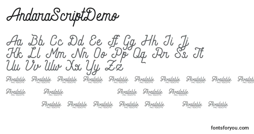 Шрифт AndaraScriptDemo – алфавит, цифры, специальные символы