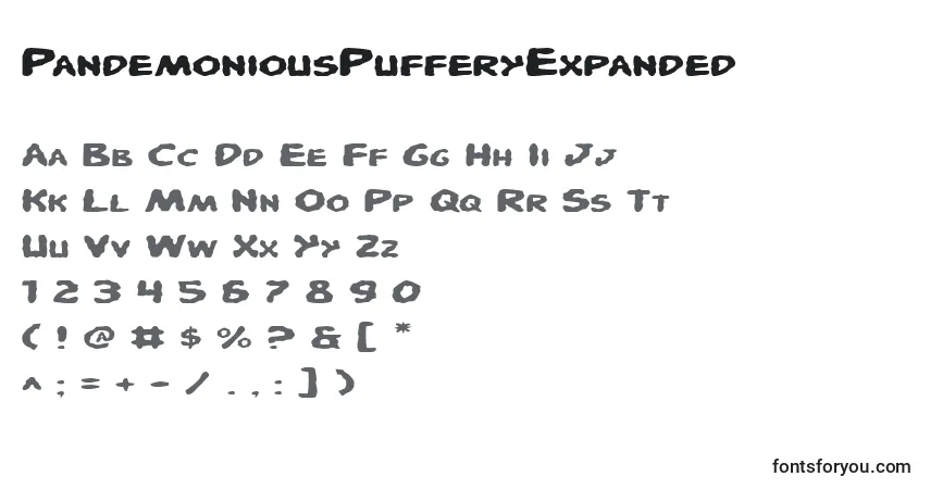 Schriftart PandemoniousPufferyExpanded – Alphabet, Zahlen, spezielle Symbole