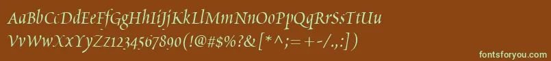 フォントPoeticaChanceryIi – 緑色の文字が茶色の背景にあります。