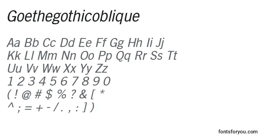 Czcionka Goethegothicoblique – alfabet, cyfry, specjalne znaki