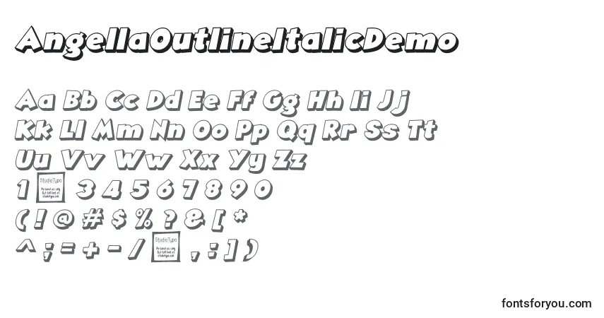 Шрифт AngellaOutlineItalicDemo – алфавит, цифры, специальные символы