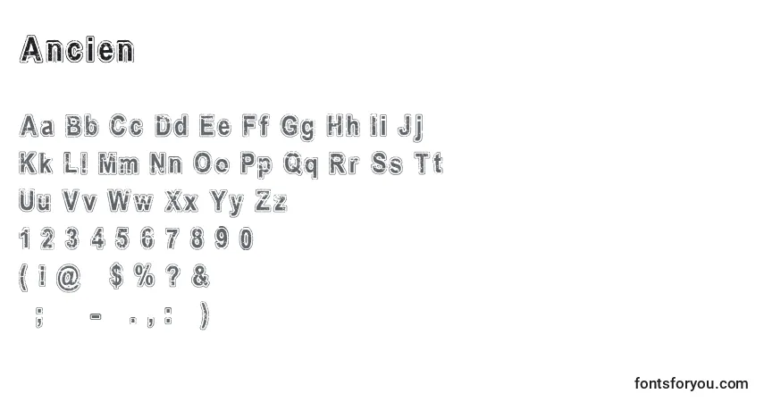 Schriftart Ancien – Alphabet, Zahlen, spezielle Symbole