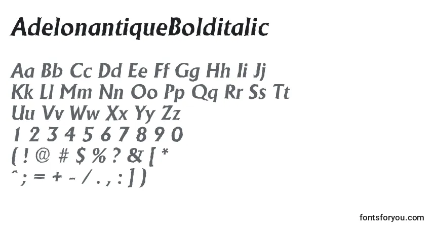 A fonte AdelonantiqueBolditalic – alfabeto, números, caracteres especiais
