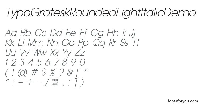 A fonte TypoGroteskRoundedLightItalicDemo – alfabeto, números, caracteres especiais