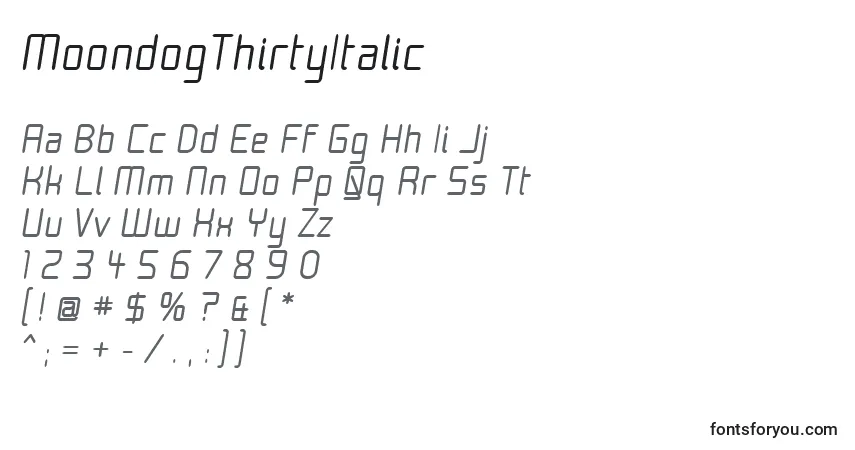 A fonte MoondogThirtyItalic – alfabeto, números, caracteres especiais