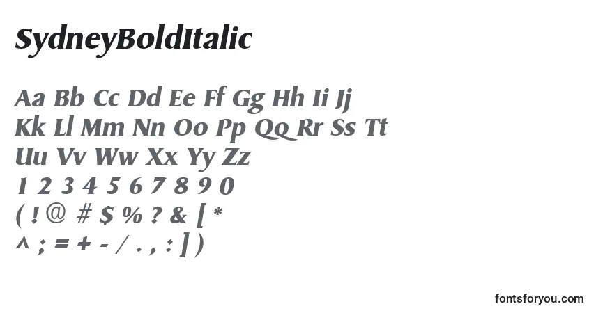 Schriftart SydneyBoldItalic – Alphabet, Zahlen, spezielle Symbole