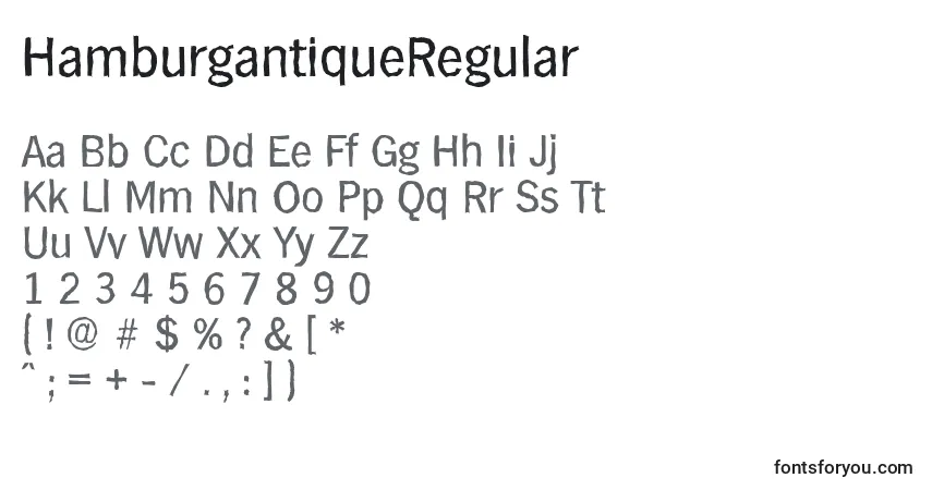 Schriftart HamburgantiqueRegular – Alphabet, Zahlen, spezielle Symbole