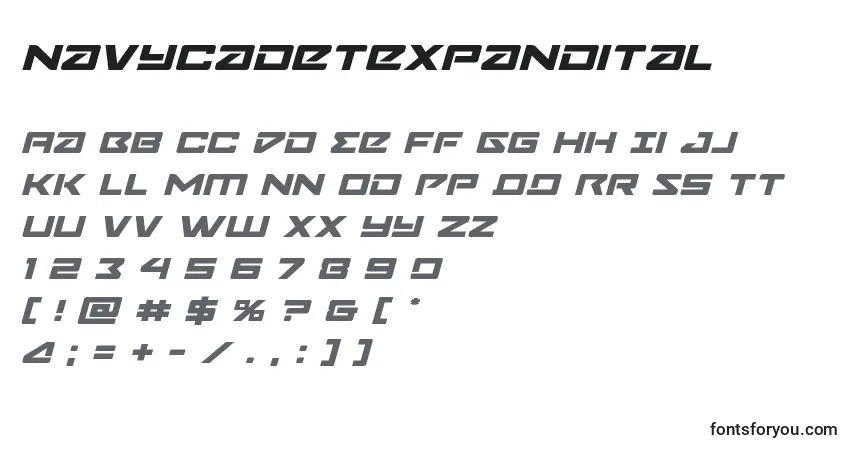 Czcionka Navycadetexpandital – alfabet, cyfry, specjalne znaki