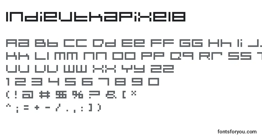 Czcionka IndieutkaPixel8 – alfabet, cyfry, specjalne znaki