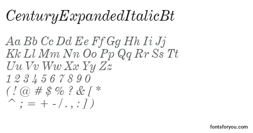 Шрифт CenturyExpandedItalicBt – алфавит, цифры, специальные символы