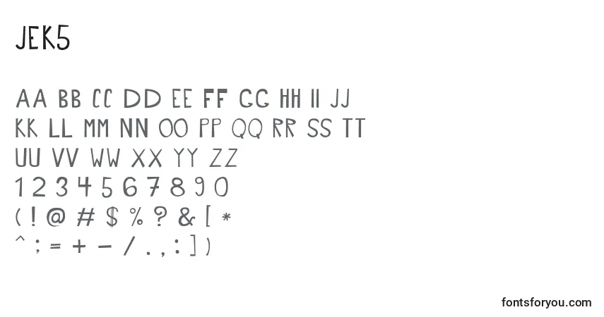 characters of jek5 font, letter of jek5 font, alphabet of  jek5 font
