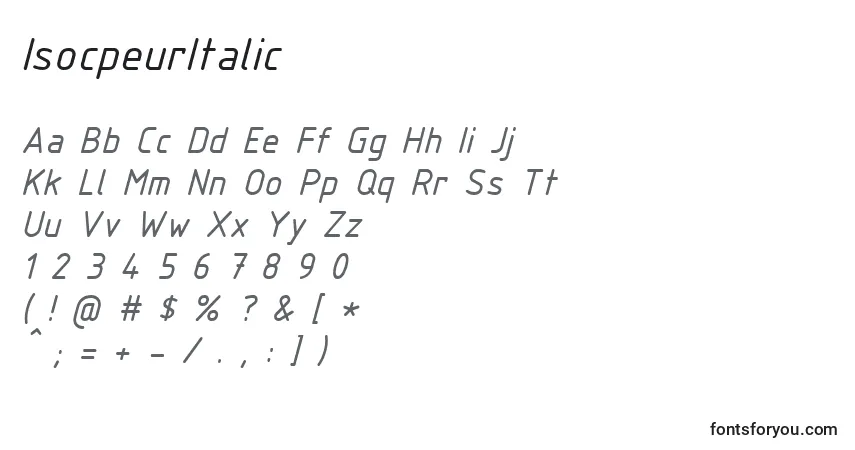 Czcionka IsocpeurItalic – alfabet, cyfry, specjalne znaki