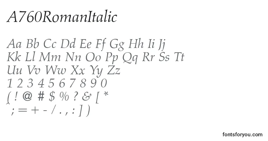 A fonte A760RomanItalic – alfabeto, números, caracteres especiais