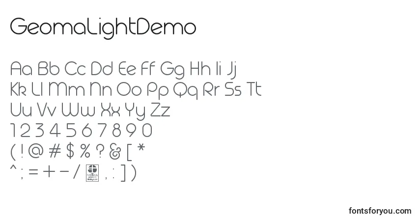 Шрифт GeomaLightDemo – алфавит, цифры, специальные символы