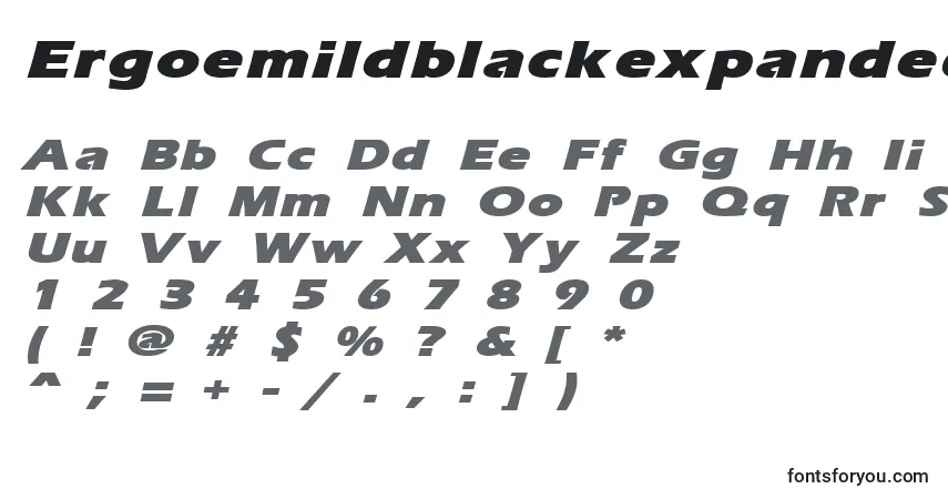 A fonte ErgoemildblackexpandedItalic – alfabeto, números, caracteres especiais