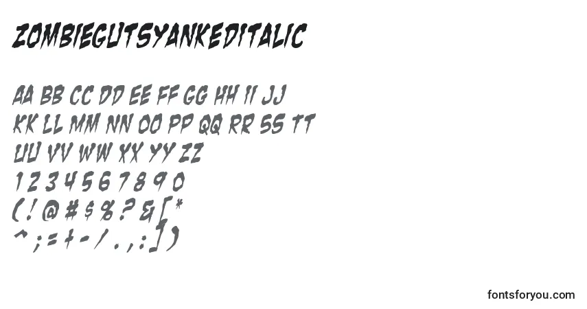 Шрифт ZombieGutsYankedItalic – алфавит, цифры, специальные символы