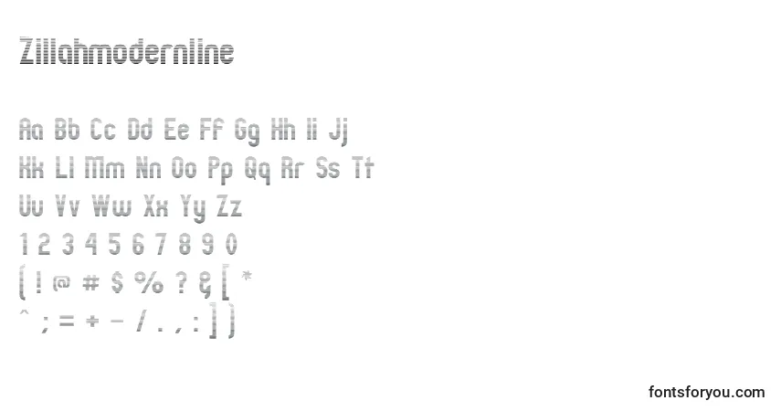 Czcionka Zillahmodernline – alfabet, cyfry, specjalne znaki