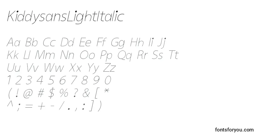 KiddysansLightItalic-fontti – aakkoset, numerot, erikoismerkit