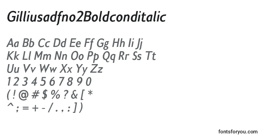 Шрифт Gilliusadfno2Boldconditalic – алфавит, цифры, специальные символы