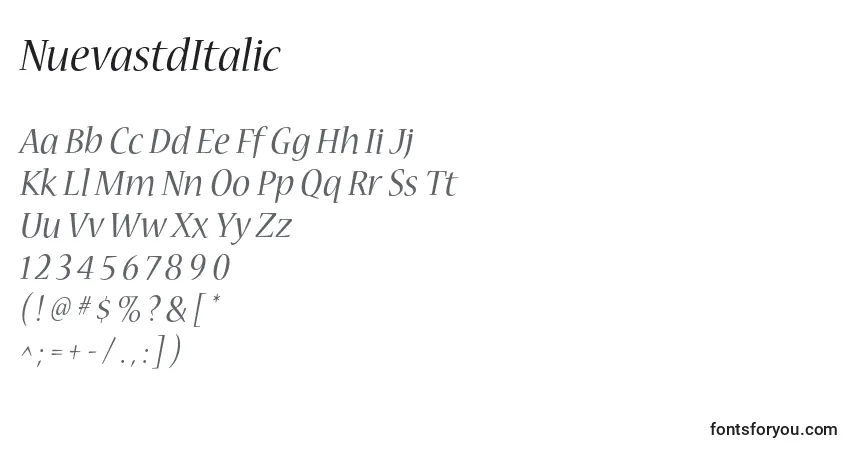 Шрифт NuevastdItalic – алфавит, цифры, специальные символы