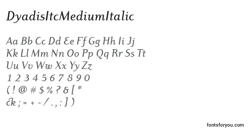 Schriftart DyadisItcMediumItalic – Alphabet, Zahlen, spezielle Symbole