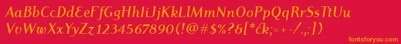 DyadisItcMediumItalic-Schriftart – Orangefarbene Schriften auf rotem Hintergrund