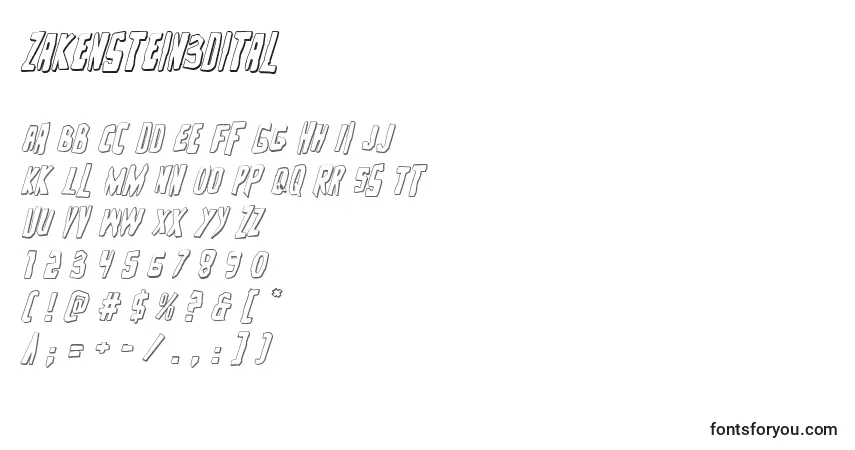 Czcionka Zakenstein3Dital – alfabet, cyfry, specjalne znaki