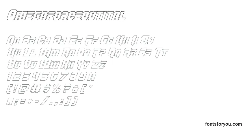 A fonte Omegaforceoutital – alfabeto, números, caracteres especiais