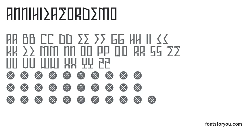 A fonte AnnihilatorDemo – alfabeto, números, caracteres especiais