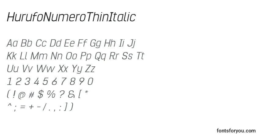 Шрифт HurufoNumeroThinItalic – алфавит, цифры, специальные символы