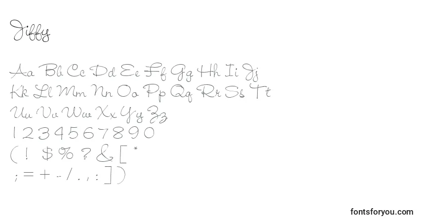 Schriftart Jiffy – Alphabet, Zahlen, spezielle Symbole