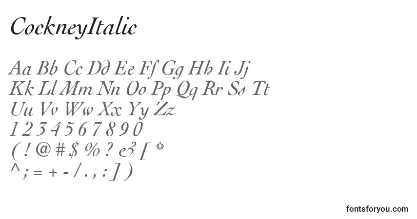 Шрифт CockneyItalic – алфавит, цифры, специальные символы