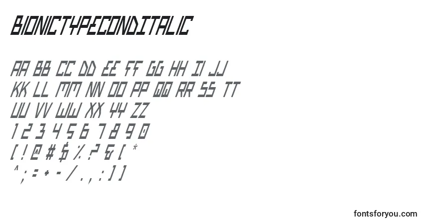 Schriftart BionicTypeCondItalic – Alphabet, Zahlen, spezielle Symbole