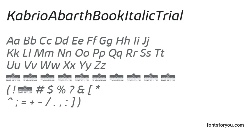 KabrioAbarthBookItalicTrial-fontti – aakkoset, numerot, erikoismerkit