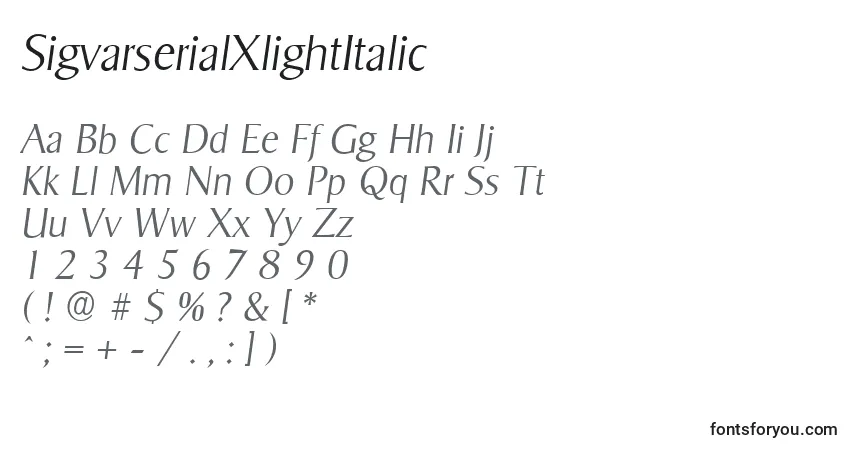 Schriftart SigvarserialXlightItalic – Alphabet, Zahlen, spezielle Symbole