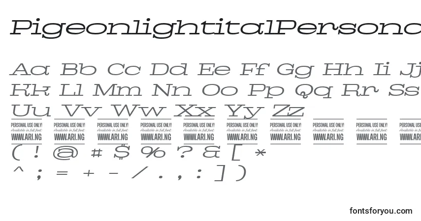A fonte PigeonlightitalPersonal – alfabeto, números, caracteres especiais