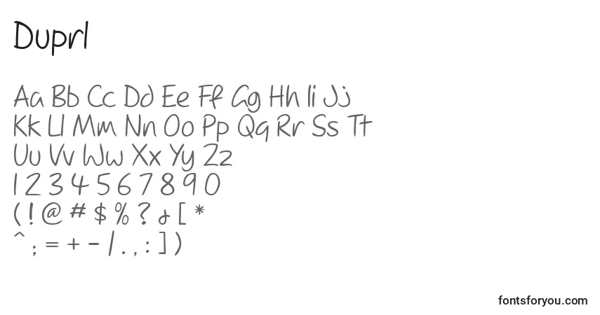Czcionka Duprl – alfabet, cyfry, specjalne znaki