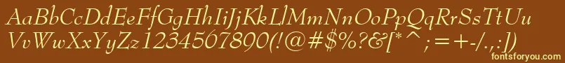 BernhardModernItalicBt-fontti – keltaiset fontit ruskealla taustalla